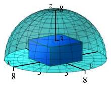 The plot shows a hemisphere of radius square root of 8 and inside
there is a 6 by 6 by 3 box sitting on the xy plane.